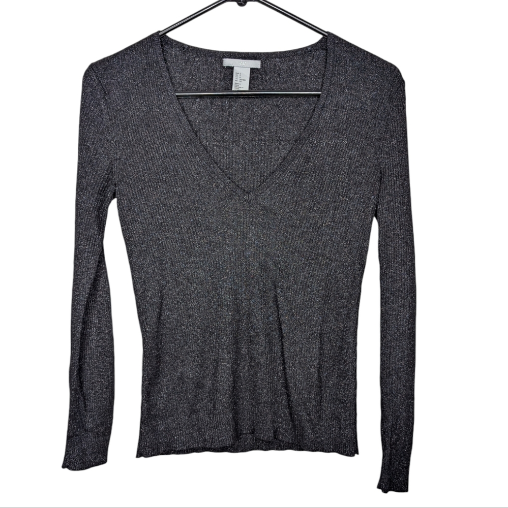 H&M Women's Deep V Neck Casual Long Sleeve Black Sparkly Top Size Small